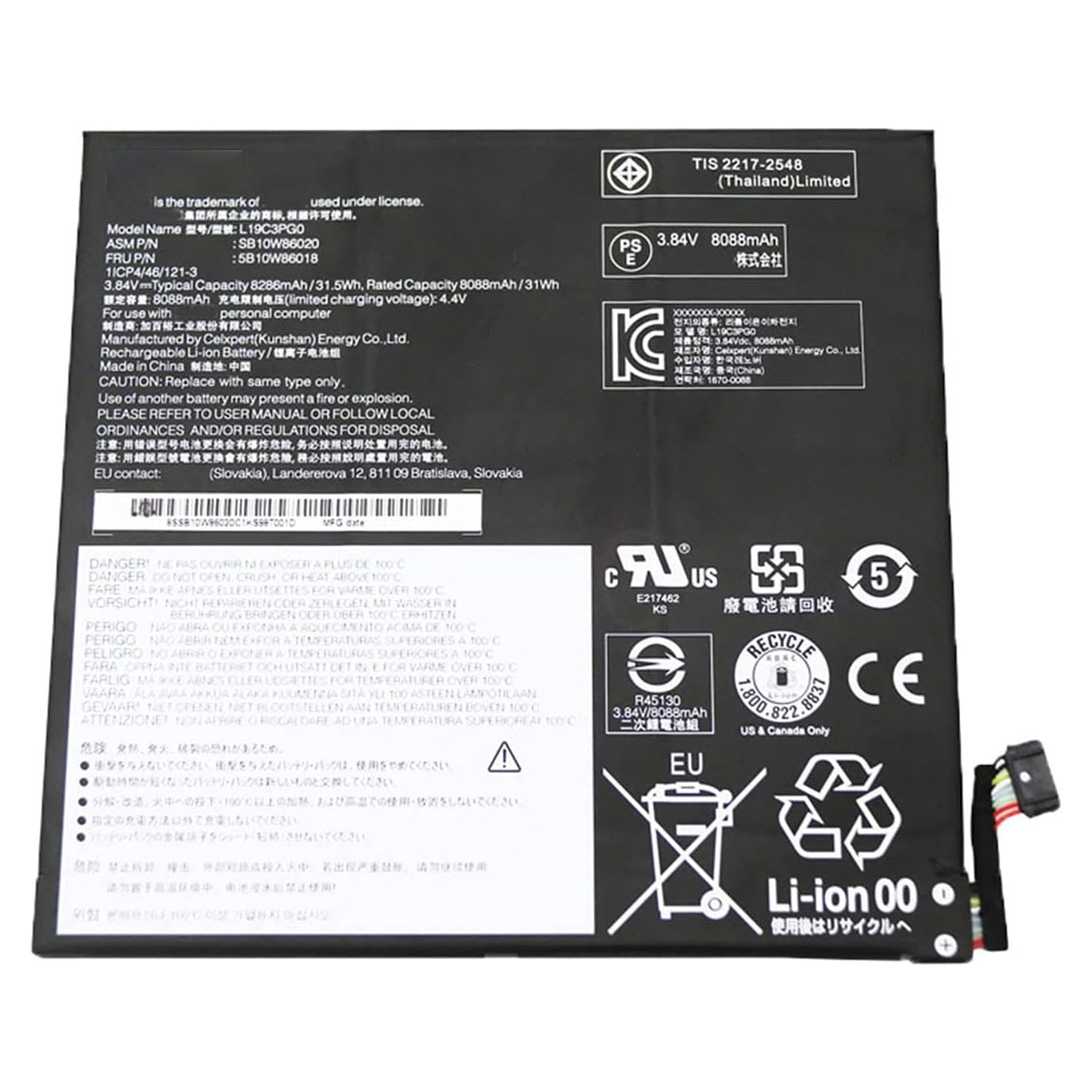 5B10W86018, L19C3PG0 replacement Laptop Battery for Lenovo Chromebook 10E, 3 cells, 3.84v, 8286mah / 31.5wh