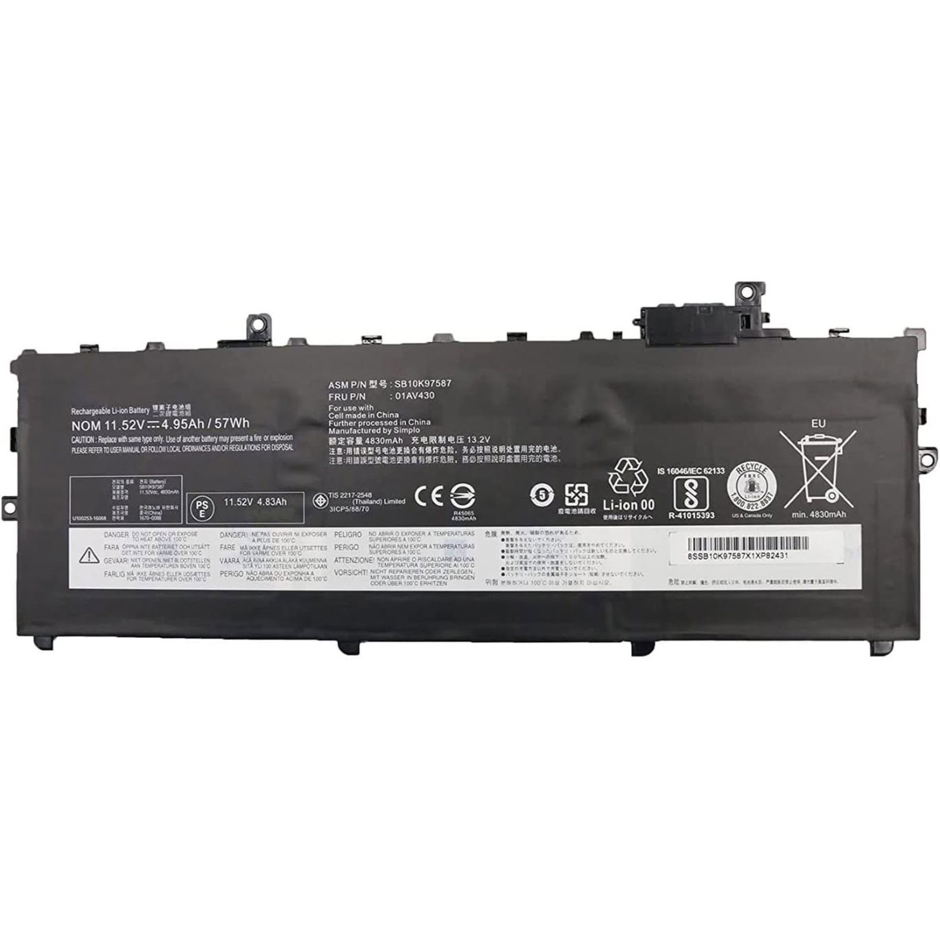 01AV429, 01AV430 replacement Laptop Battery for Lenovo ThinkPad X1 Carbon 2017, ThinkPad X1 Carbon 2018, 11.52v / 11.58v, 57wh